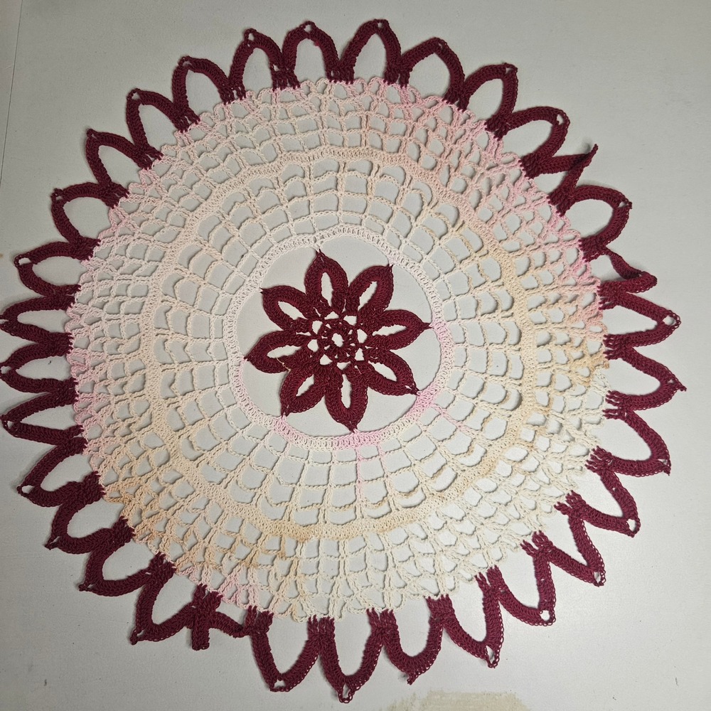 Vintage Handmade Crochet Doily Burgundy Pink Floral Lace 20 Inch Round Ombre